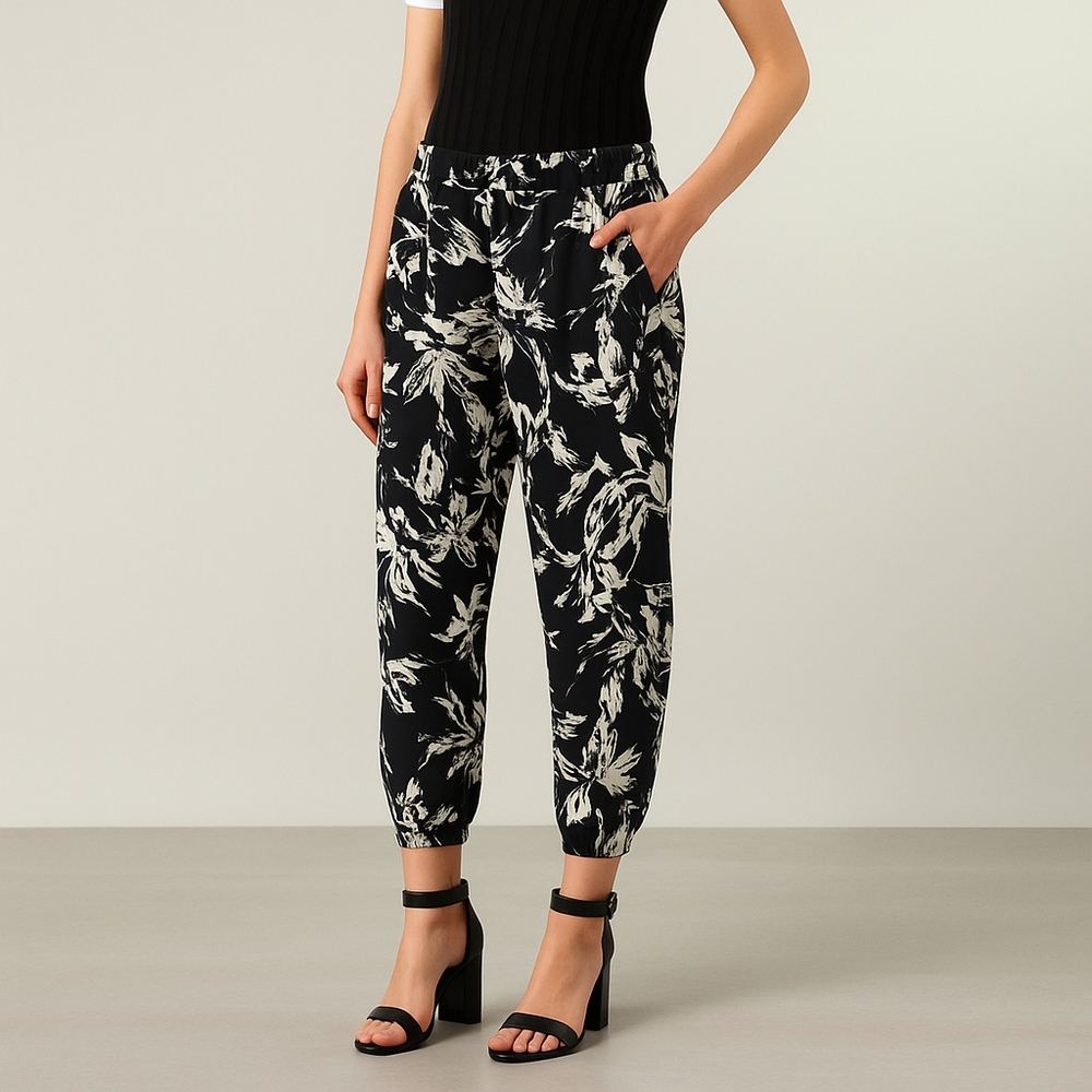 NEW $198 Parker Trouser sz 2 Crop Pant Black White Floral Pleats Ruched Devlin
